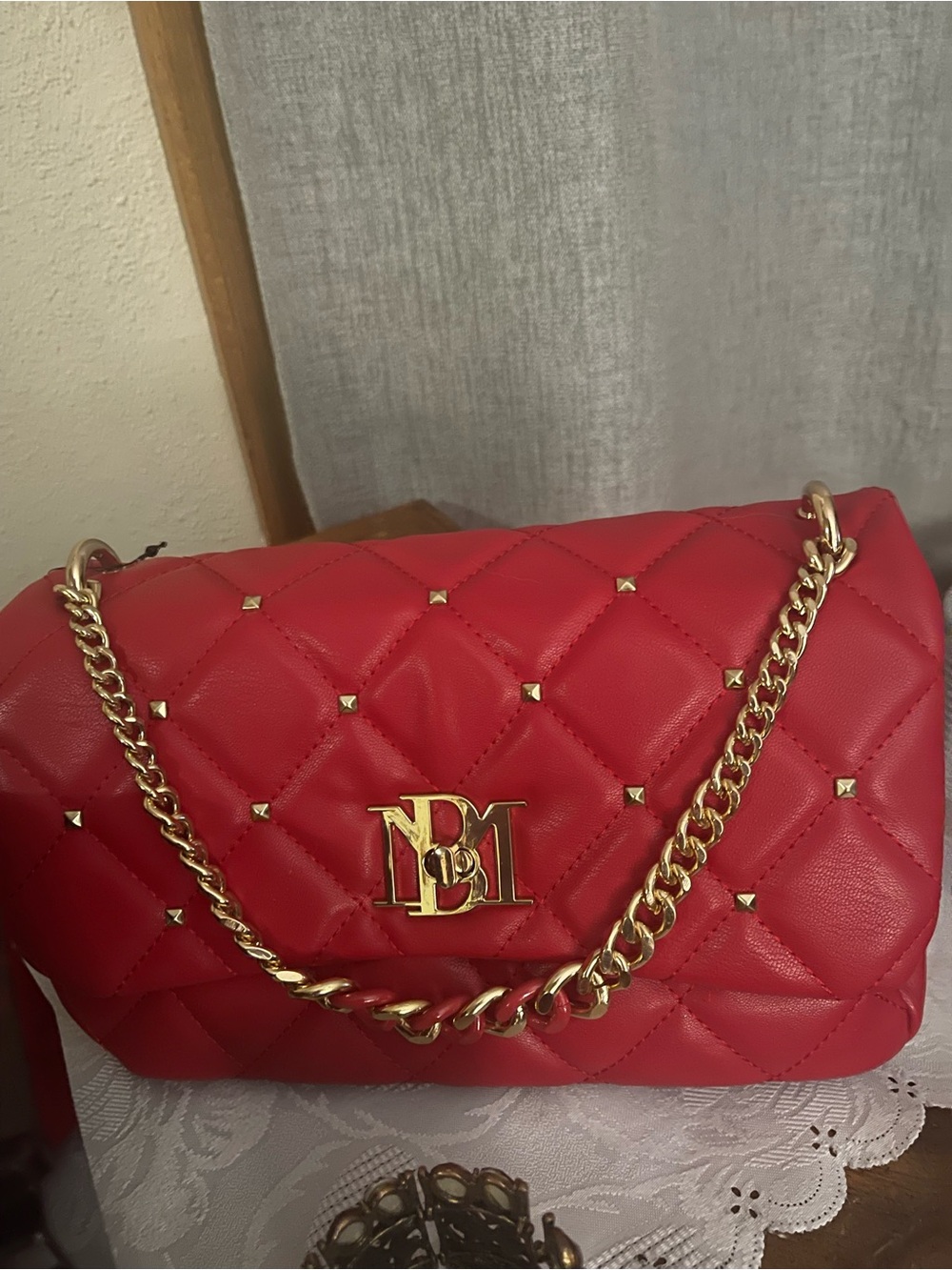 Badgley Mischka Red Quilted Shoulder Bag with Gold Chain